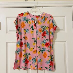 Floral Pink Blouse with Vibrant Accents